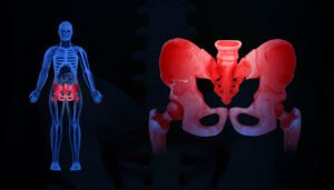 A painful hip a medical concept illustrated through a 3D x-ray view of the hip skeleton, showcasing hip surgery.