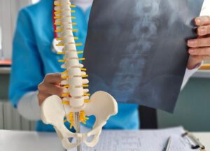 Medical professional examines spinal health using a model and X-ray before spinal surgery.